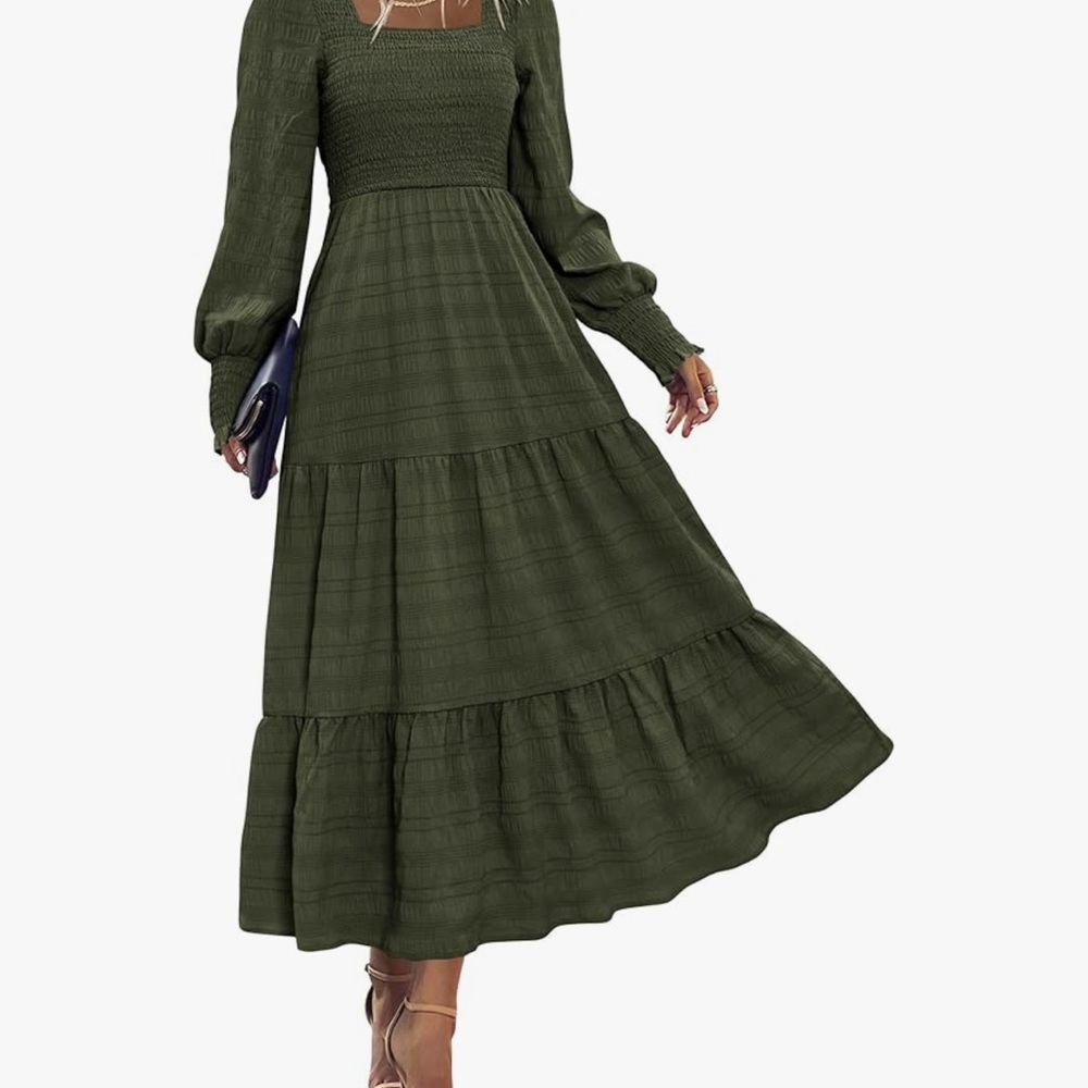 Green Smocked Tiered A-Line Dress with Bishop Sleeves